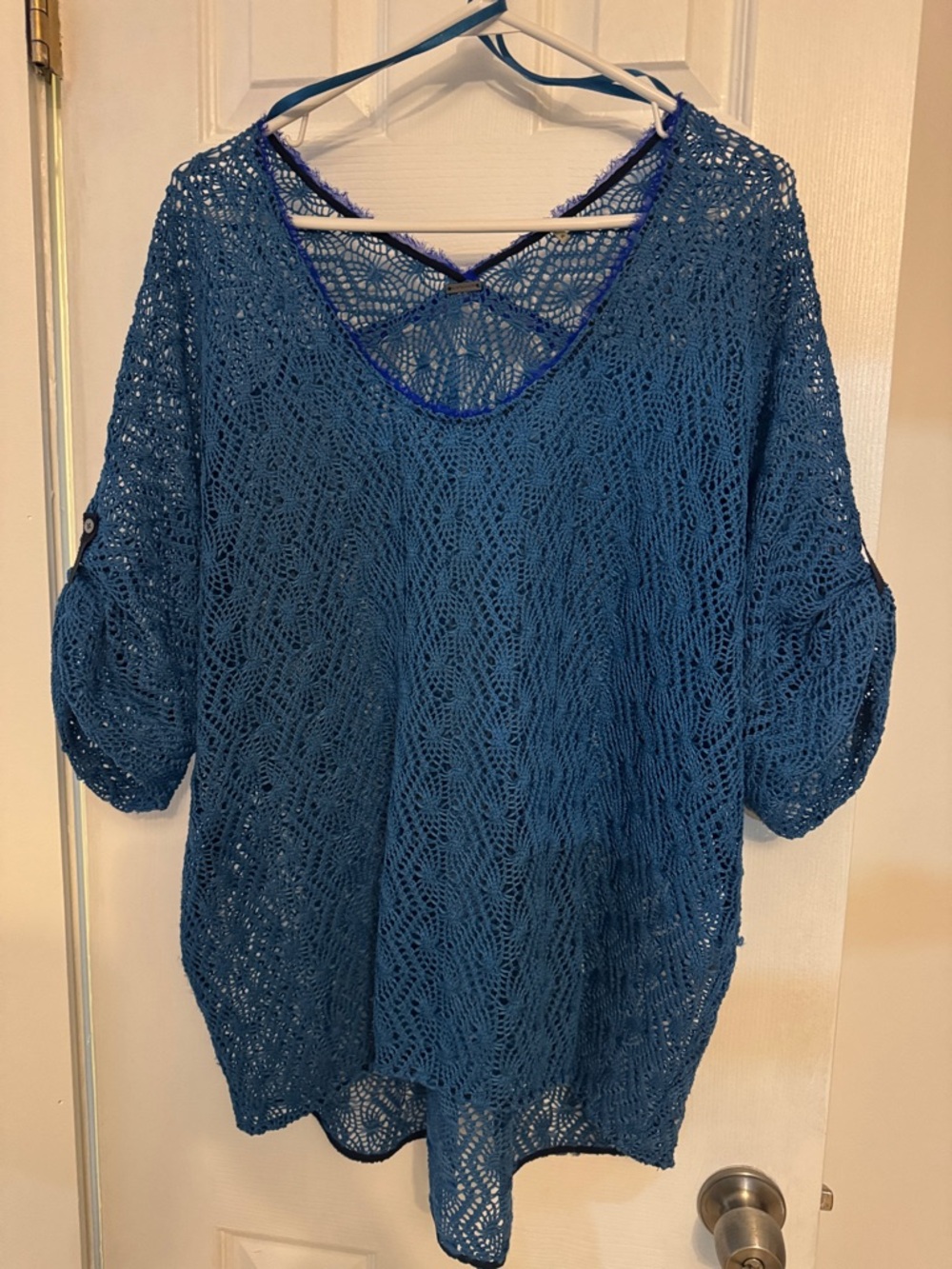 Elie Tahari Deep Teal Open-Knit Pullover hi-lo style